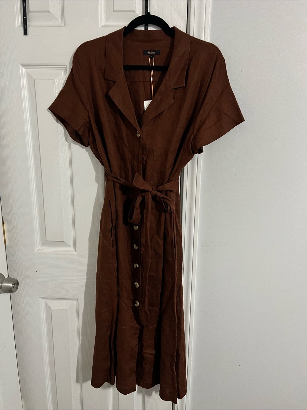 Quince Brown Button-Front Midi Shirt Dress with Tie Waist 100% European Linen - Picture 2 of 3